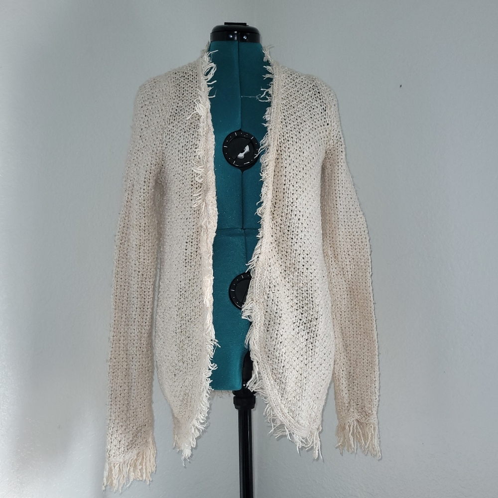 Zara Knit Women's Yvory Open Front Cardigan Size Medium Fringe Chunky Knit